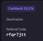 Kraken referral dashboard screenshot: a "Cashback 20.0%" badge attached to referral code rfqr7jtt